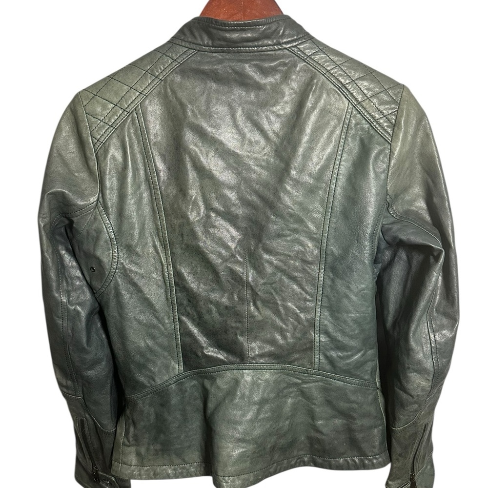 Women's S Leather Jacket Zip Moto Green Distressed - Picture 2 of 8